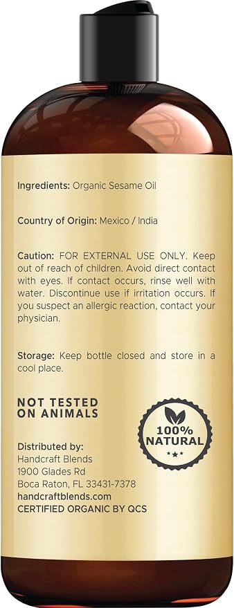 Handcraft Blends Organic Sesame Oil - 16 Fl Oz - 100% Pure and Natural - Premium Grade Carrier Oil for Skin and Hair - Hair and Body - Massage - Expeller-Pressed and Hexane-Free