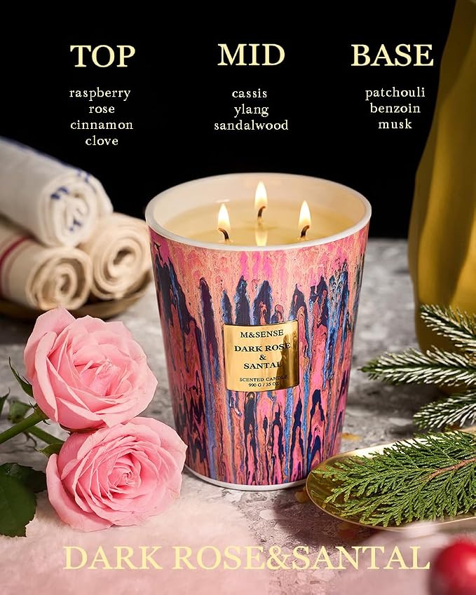 M&SENSE 3-Wick Dark Rose Large Soy Scented Candle, 35oz | 150H Burn Time, Non-Toxic, Luxury Summer Floral Aroma, Romantic Present for Women