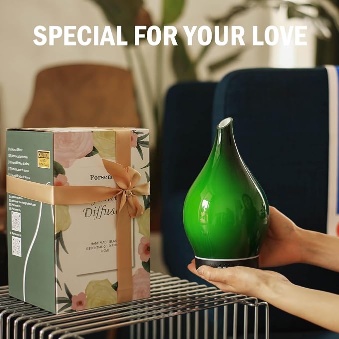 Porseme 150ml Essential Oil Diffuser Glass Color Changing Aroma Air Diffusers Aromatherapy Ultrasonic Cool Mist Humidifier 6 Running Hours Waterless Auto-Off for Sleeping Yoga Office Spa (Hulk Green)