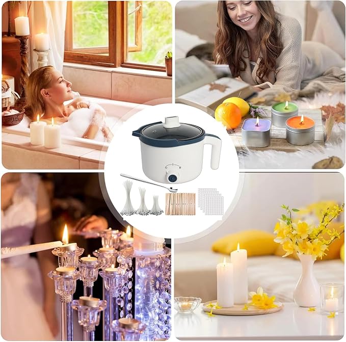 Wax Melting Pot for Candle Making, Candle Making Kit with 90*Wicks, 100*Wick Stickers, 45*Centering Device, 1*Stirring Spoon, Electric Wax Melter with Pouring Spout