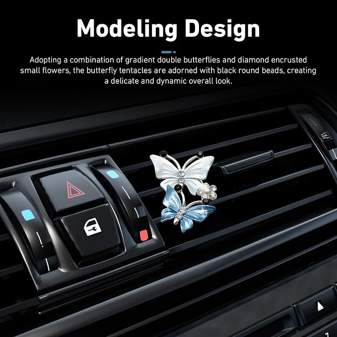 2 PCS Dual Butterfly Car Air Vent Clips, Car Air Vent Shimmering Rhinestone Butterfly Decoration Clips, Smell Diffuser for Horizontal Vertical AC Export, Universal for Most Vehicles (Blue)