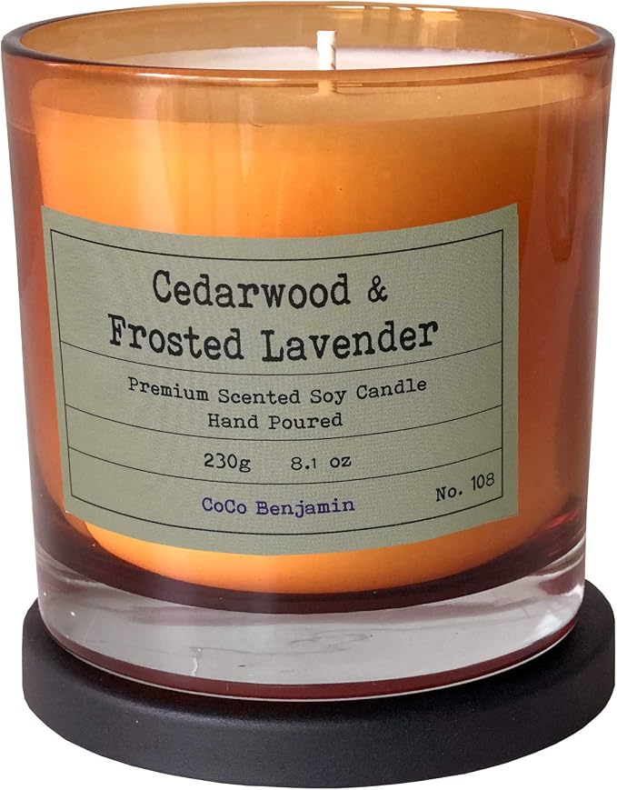 100% Natural Soy Wax Candle by CoCo Benjamin - Highly Scented & Hand-Poured Luxury Candle (Cedarwood & Frosted Lavender) - Clean Burning Cotton Wick