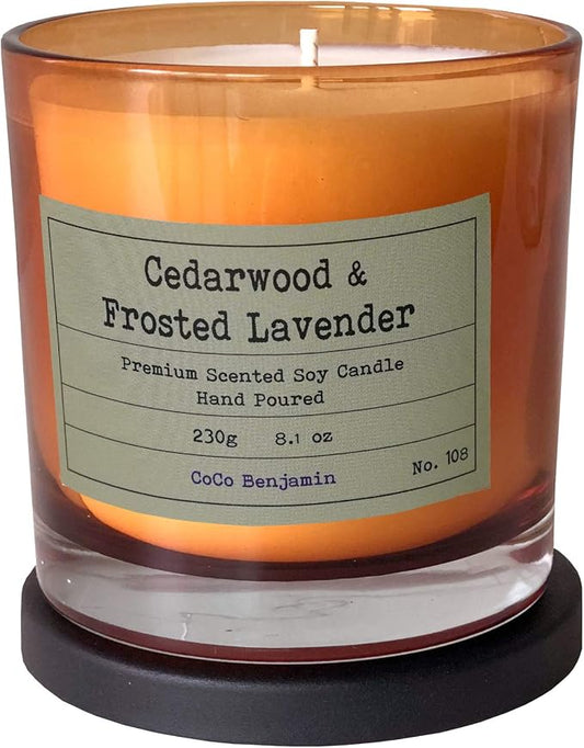 100% Natural Soy Wax Candle by CoCo Benjamin - Highly Scented & Hand-Poured Luxury Candle (Cedarwood & Frosted Lavender) - Clean Burning Cotton Wick