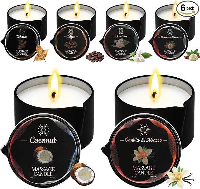 6 Pack Low Temperature Massage Candle & Lotion Candle Set, Soy Wax with Jojoba & Shea Butter, Melts into Moisturizing Skin Oil for Home Spa & Relaxation, 2.35 oz - 6 Scents