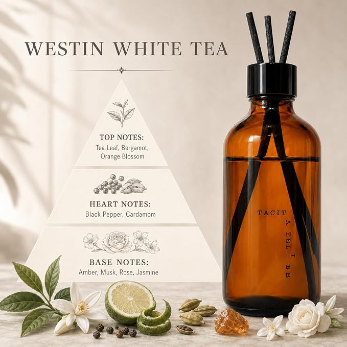 Westin White Tea Reed Diffuser Set, 6.7 fl oz, Hotel Inspired | Amber glass bottle; tea leaf, bergamot & orange blossom; alcohol-free home scent for entryway, living room, bedroom & office