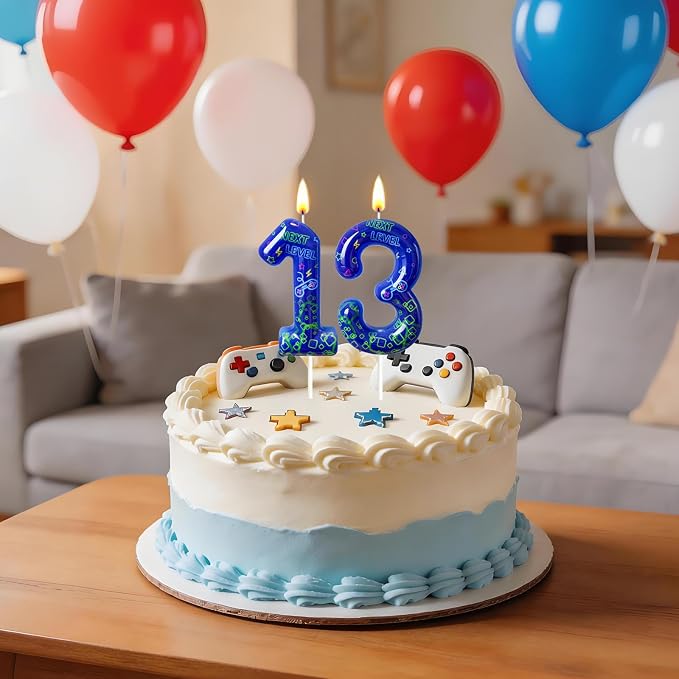 Number 3 Birthday Candle for Cake – Blue Gaming Theme Number Candle with “Next Level” Design, Video Game Style Cake Topper for Anniversary & Celebration