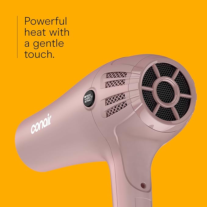 Conair Hair Dryer with Retractable Cord, 1875W Blow Dryer, 3 Heat Settings, 2 Speeds, Blow Dryer with Diffuser and Concentrator Attachments, Ionic + Tourmaline Technology, Matte Light Pink