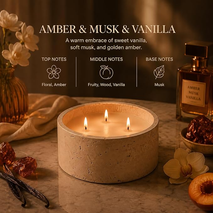 5-Wick Scented Candle-Amber & Musk & Vanilla,Soy Coconut Wax Blend Candle with Acacia Wood Lid,44oz Large Candle,55-Hour Long Burning,Aromatherapy Candle for Home Decor