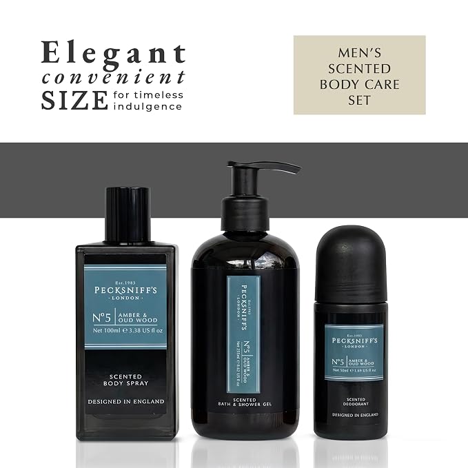 Pecksniff’s Men’s Essentials Body Trio Gift Set – Amber & Oud Wood – Bath & Shower Gel 250ml, Body Spray 100ml, Deodorant 50ml