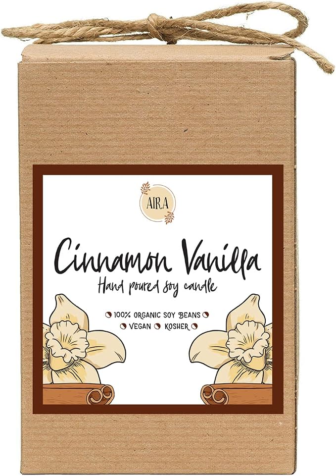 Aira Soy Candles - Organic, Kosher, Vegan, in Mason Jar w/Therapeutic Grade Essential Oil Blends - Hand-Poured 100% Soy Candle Wax - Paraffin Free, Burns 110+ Hours - Cinnamon Vanilla -16 Ounces