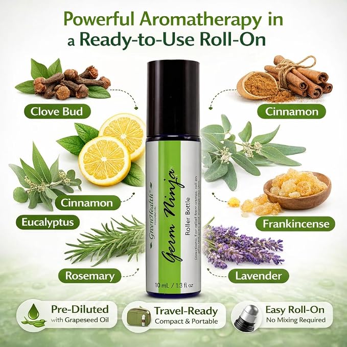 GreenHealth Essential Oil Roll On – Germ Ninja Blend – Refreshing, Clean Aroma – Pre-Diluted with Grapeseed Oil – Easy Apply Roller for Home, Work & Travel