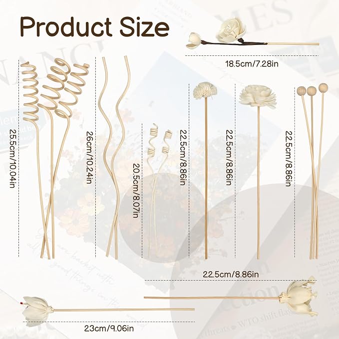 15 Reed Diffuser Sticks, Natural Paper & Floral Rattan Reed Sticks, Bathroom Reed Diffuser Set for Home, Office, Bedroom Decor