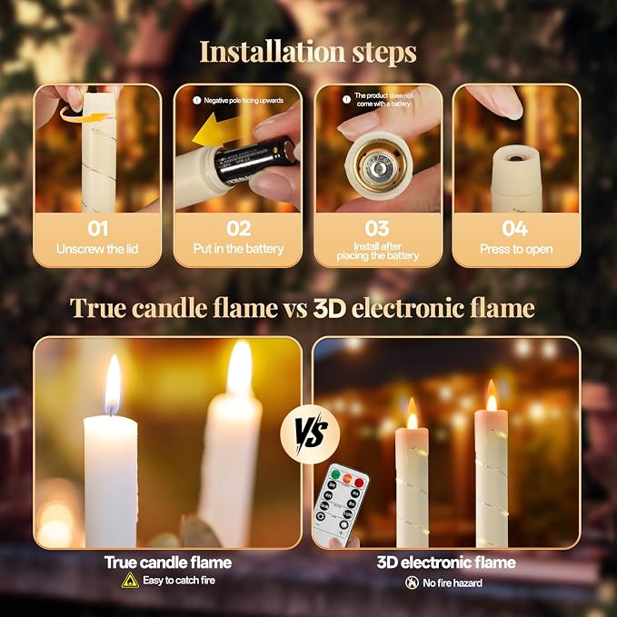 6 Pcs Flameless Taper Candles, Battery Taper Candles Flickering Flame with Embedded Star String, Outdoor Candle Sticks, Timer Function Ideal for Weddings, Anniversaries, Birthday Party(Ivory)