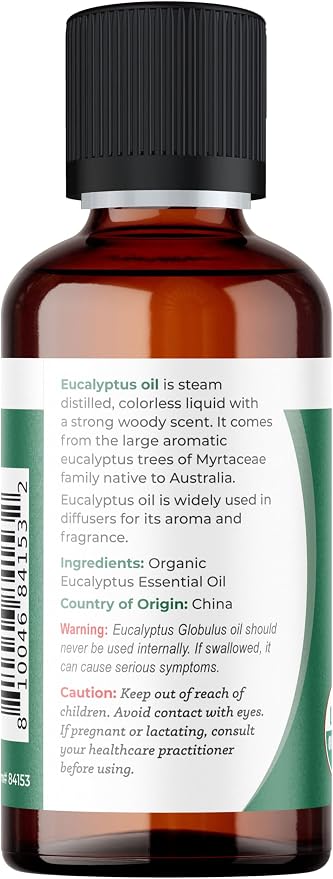 Viva Doria Eucalyptus Essential Oil, USDA Certified, Organic Eucalyptus Globulus Oil, 100% Pure, Natural Essential Oil, Undiluted, for Aromatherapy | Food Grade, 30 mL (1 Fluid Ounce)
