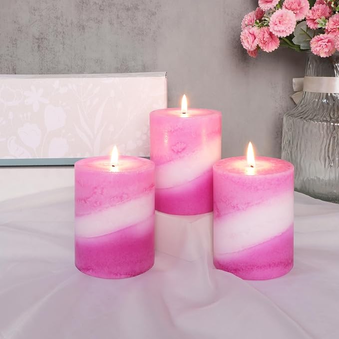 Crystal Club Rose Scented Candles Set of 3, 3x4 Inch Pillar Candle, 40+ Hours Long Burning Pink Scented Pillar Candle, Hand-Poured Paraffin Wax with 100% Cotton Wick Smokeless for Home Decor