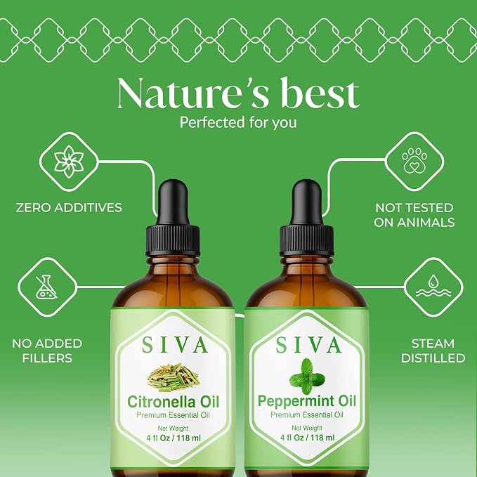 Siva Citronella Essential Oil and Peppermint Essential Oil 4oz Bundle Super Saver Combo – Premium Grade Value Set for Aromatherapy, Skincare and Haircare