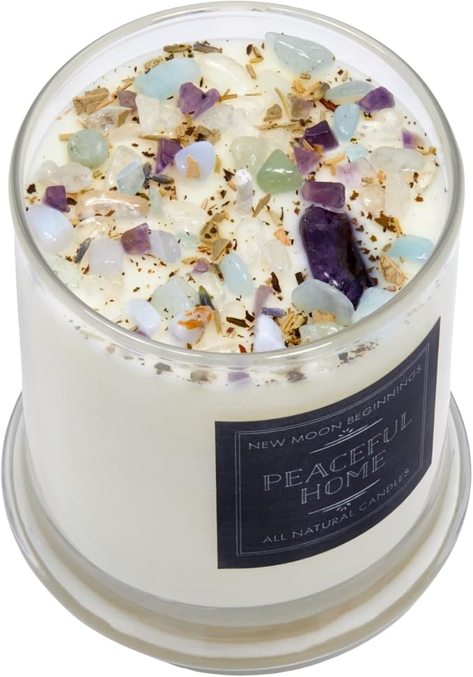 New Moon Beginnings Peaceful Home Candle - Stress Relief, Energy Clearing, All Natural Essential Oil Soy Candle - Crystal Candles (12oz Glass Jar, Eucalyptus, Mint)