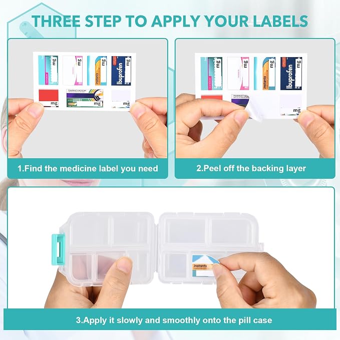 Large Pill Organizer Travel with 189 Medicine Labels, 10 Compartments Travel Medicine Organizer Travel Pill Box Purse Pill Case Compact Pill Organizer Pill Container (White, 1 Pack)