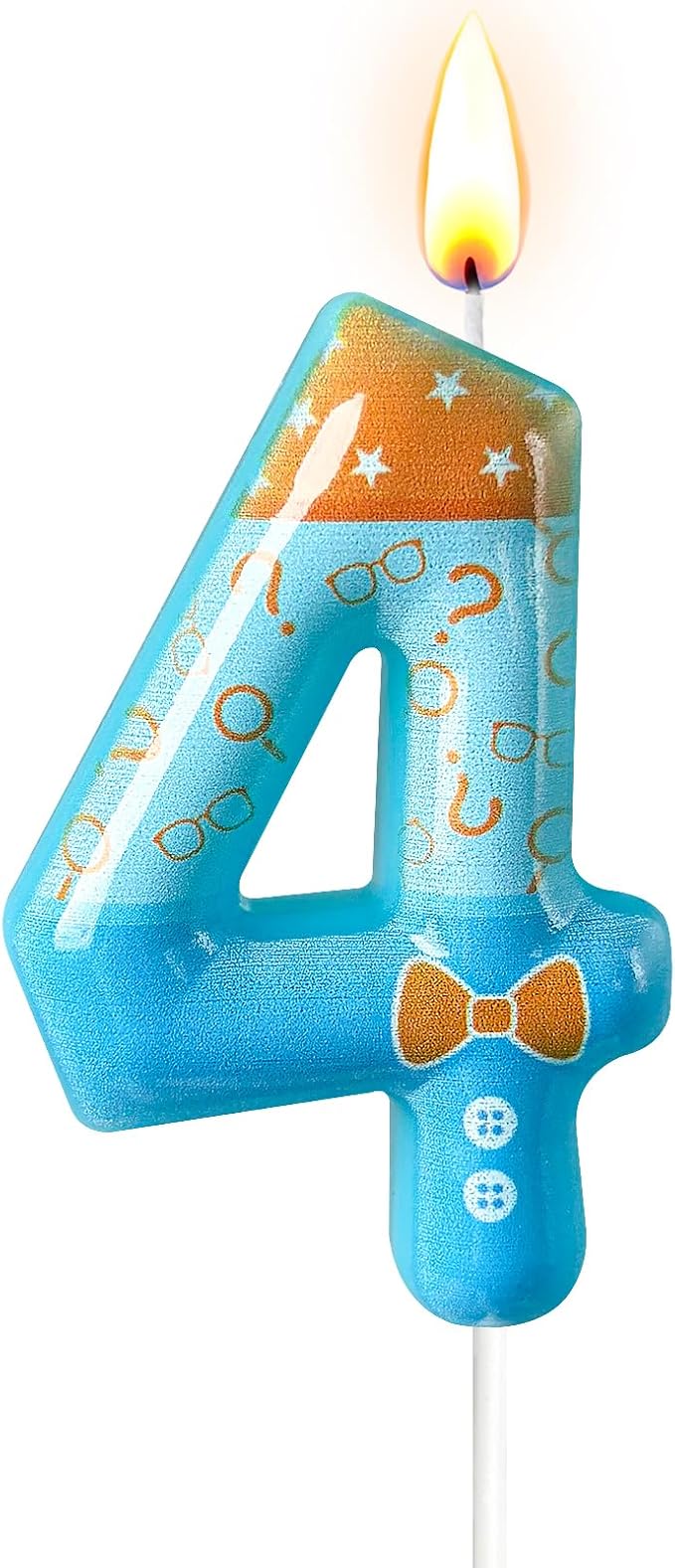 Number 4 Birthday Candle for Cake – Blue Cartoon Outfit Style with Bow Tie, Question Mark & Star Pattern – Fun Cake Topper Decoration for Celebration