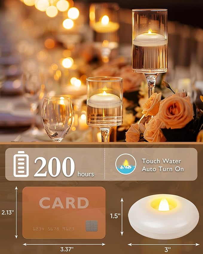 Homemory 6 Pack 3” Flameless Led Floating Candles, 200 Hour White Battery Operate Waterproof Tealights for Cylinder Vases, Centerpieces at Wedding Decor, Party, Pool