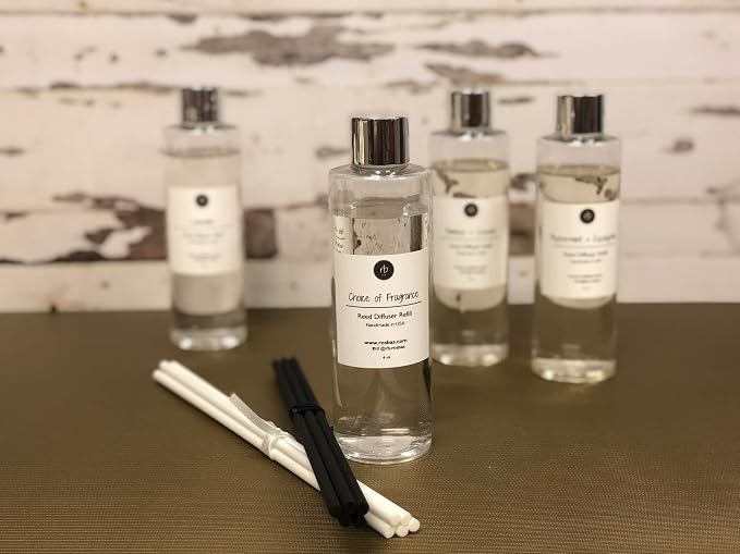 rosbas Sandalwood Reed Diffuser Refill Set - Black Reeds - 6 fl oz Bottle in a Drawstring Cotton Bag - High Performance Fiber Reeds - Handcrafted in USA