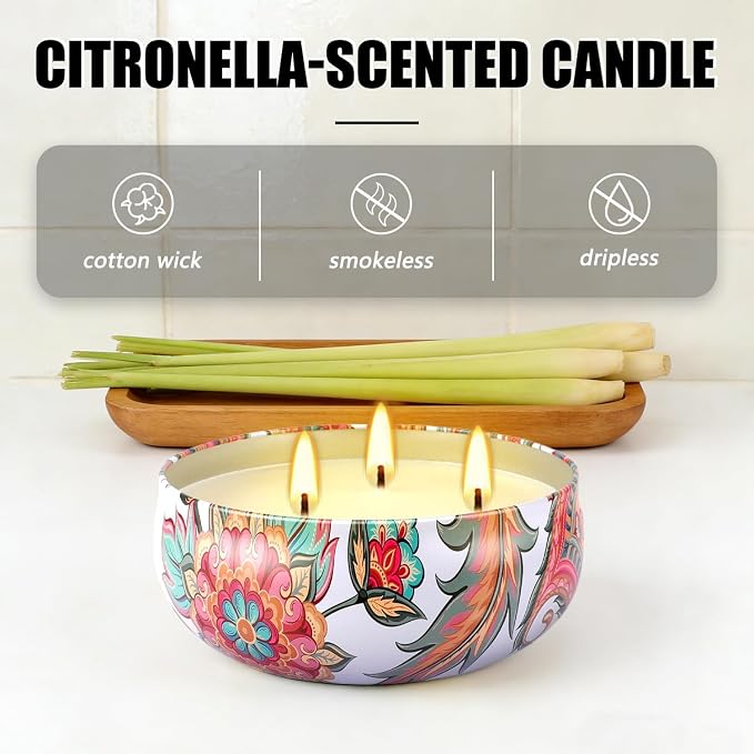 Summer Citronella Scented 3 Wick Candle, Soy Wax Candle for Indoor & Outdoor Use, Boho Floral Decorative Candle for Home,BBQ, Patio and Balcony Decor.