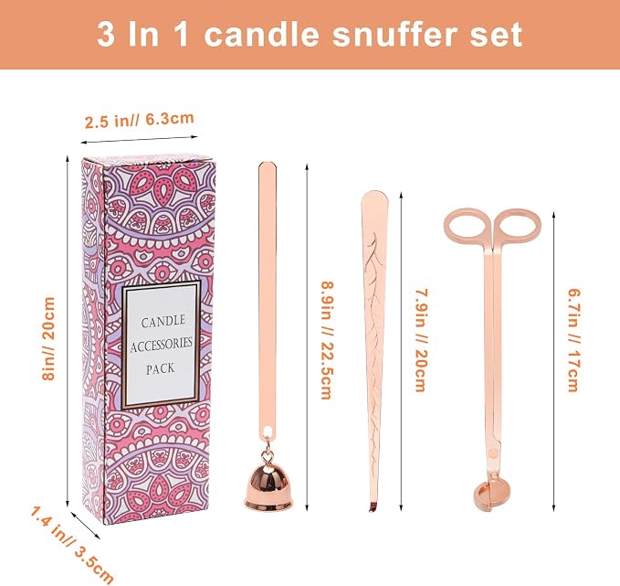 Luxiv 3 in 1 Candle Snuffer Set, 3P Candle Accessory Set with Candle Wick Trimmer, Candle Snuffer and Candles Wick Dipper Candle Cutter Kit for Candle Lovers with Gift Package (Rose Gold)