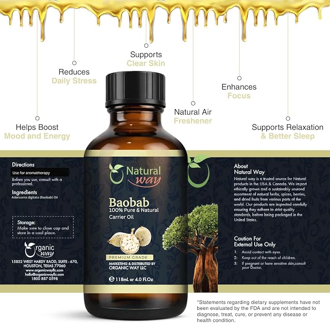 Baobab Carrier Oil for Diffusers, Dry Skin, Hair | Natural Aroma Oil for Home Fragrance, DIY Beauty Blends & DIY Candle Making, Long Lasting Scent for Office, Bedroom Scent 4 Fl Oz (120 mL)