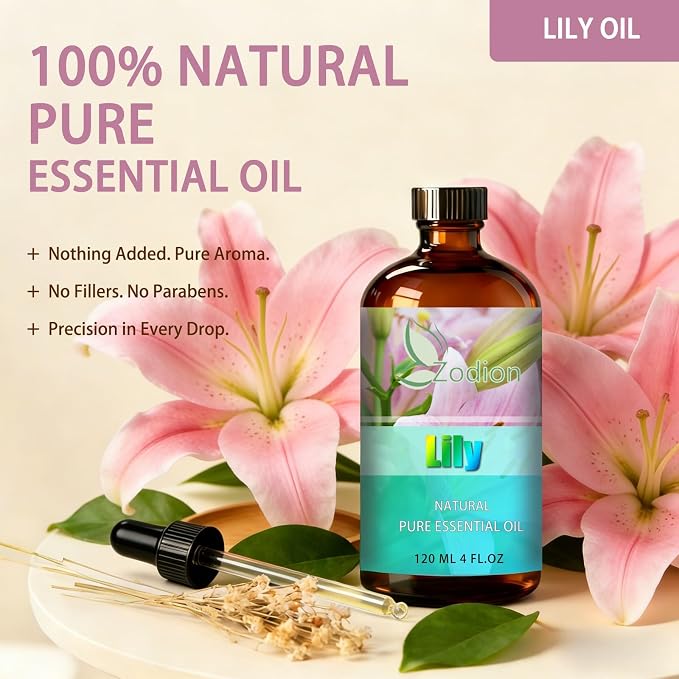 Lily Essential Oil, Lily Fragrance Oil for Diffuser, Massage, Humidifier, DIY Candle, Soap Making, Home, Bath, Yoga - 4 fl oz (120ml) - ZODION Essential Oils