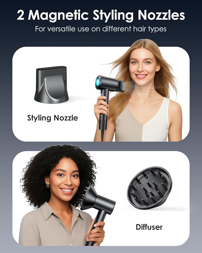Bopcal Ionic Hair Dryer, 160000 RPM Brushless Motor, Smart Thermo-Control, Negative Ion Fast Drying, Quiet Lightweight Blow Dryer, Cold Air & 2 Heat Settings, for Home Travel Salon, Black