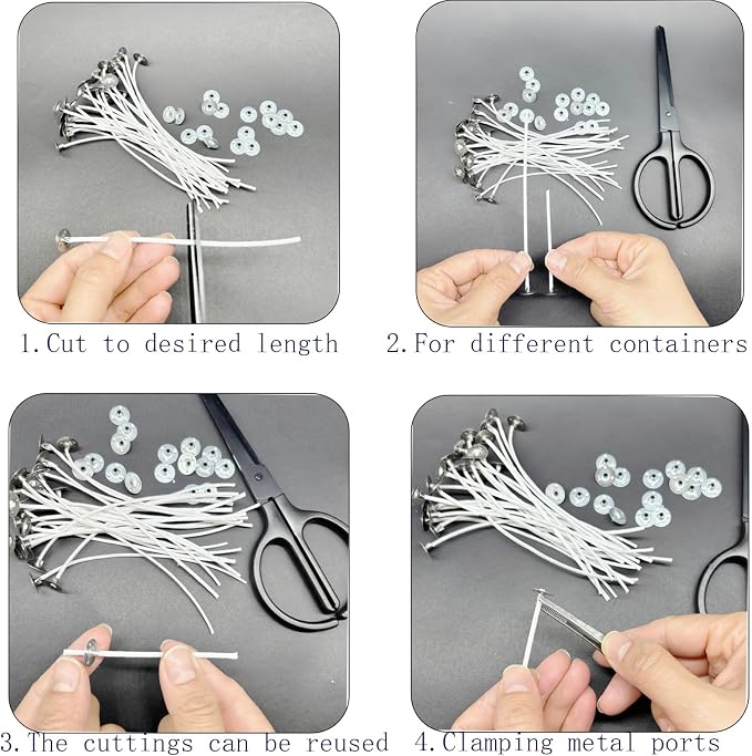 30Pcs Candle Wicks 4 Inch,40Pcs Candle Wicks 6Inch,30Pcs Candle Wicks 8 Inch,100pcs Candle Wick Stickers,Candle Wick Centering Device,20 Pcs Metal Sustainer Tabs,5pcs Candle Wick