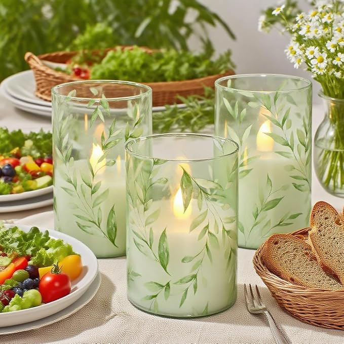 Green Flameless Candles with Remote Control - Willow Leaf Design Battery Operated Candles - Elegant Home Christmas Spring Summer Decor Set of 3