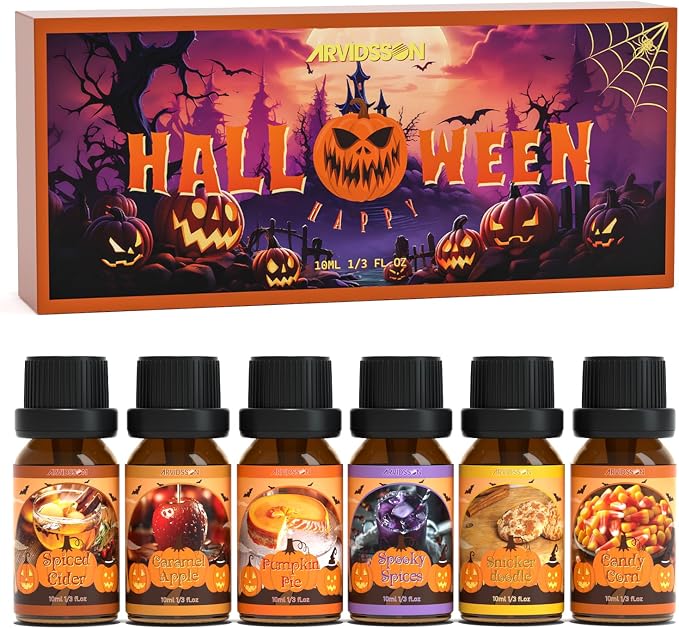 ARVIDSSON Halloween Fragrance Oils Set, Fall Essential Oils for Diffuser - Pumpkin Pie, Spiced Cider, Caramel Apple, Candy Corn, Snickerdoodle, Spooky Spices, Autumn Scented Oil