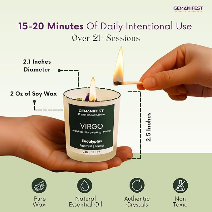 Virgo Crystal Candle with Zodiac Bracelet Virgo Gifts for Men Women Eucalyptus Soy Candles for Home Scented Birthday Astrology Gifts for Candle Lovers Spiritual People