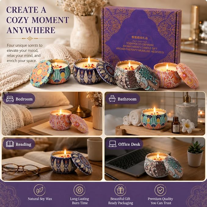 Scented Candles Gift Set for Women, Soy Aromatherapy Candles, 4 Pack | Lavender, lemon, vanilla and white peach soy candles for home decor, bath, yoga, travel, Mother's Day and gifts for women.
