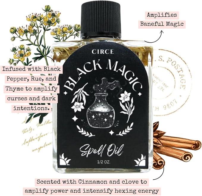 CIRCE Black Magic Spell Oil - for Setting Bold Intentions & Centering Your Energy - Add to Bath, Use in Rituals, Wear as Fragrance to Align w/Desires- Coconut Oil, Black Pepper & Rue Herb - 1/2oz