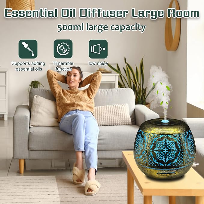 500ml Metal Essential Oil Diffuser, Antique Gold Aromatherapy Diffuser, Moroccan Hollow Out Design, 7 Color LED, Timer, Auto Shut-Off, Vintage Iron Cool Mist Humidifier for Large Room, Home Decor Gift