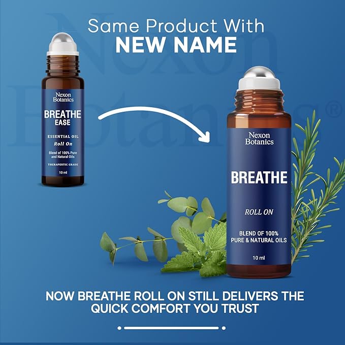 Breathe Essential Oil Roll-On 10 ml - Pure Eucalyptus, Peppermint & Rosemary Oils Blend Roller for Clear Breathing & Respiratory Support - Nexon Botanics