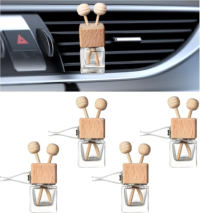KVAEY 2PCS Car Diffuser Air Freshener Bottle, Refillable Empty Glass Perfume Bottles with Vent Clip, Universal Essential Oil Diffuser for Most Vehicles, Interior Car Accessories (4PCS)