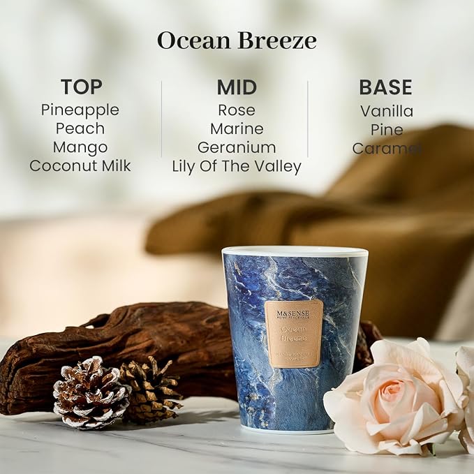 M&SENSE Ocean Breeze Scented Soy Candle, 3 Wick Highly Scented 14.1 Oz 75H, Aromatherapy Christmas Gift for Women and Men