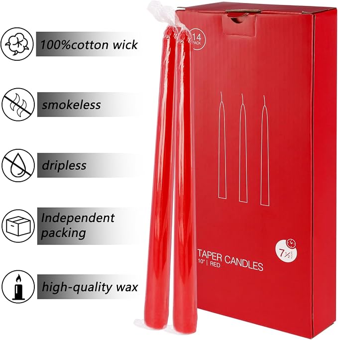 14 Pack Tall Taper candles-10 inch Red Unscented Candles with 8-Hour Burn Time for Christmas, Weddings, New Year Celebrations, Festive Gatherings