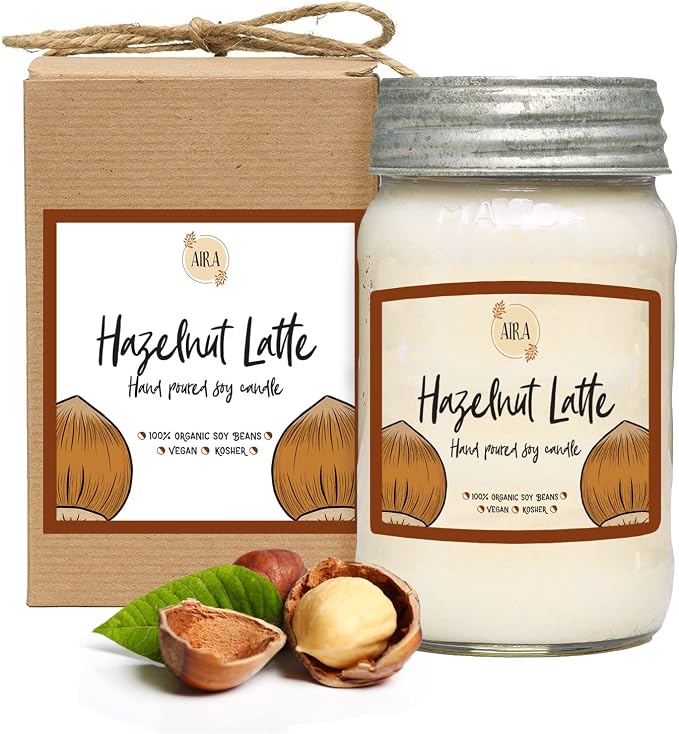 Aira Soy Candles - Organic, Kosher, Vegan, in Mason Jar w/Therapeutic Grade Essential Oil Blends - Hand-Poured 100% Soy Candle Wax - Paraffin Free, Burns 110+ Hours - Hazelnut Latte -16 Ounces