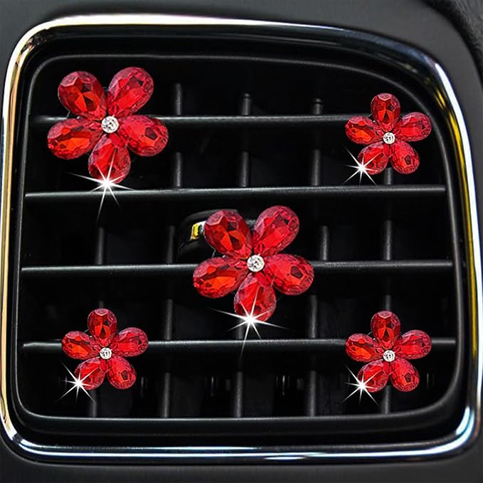 Bling Daisy Flower Car Air Vent Clips, 5PCS Sparkling Crystal Rhinestone Cute Vehicle Air Conditioning Clamp, Diamond Auto Air Outlet Clip Decor for Women Girls (Red)