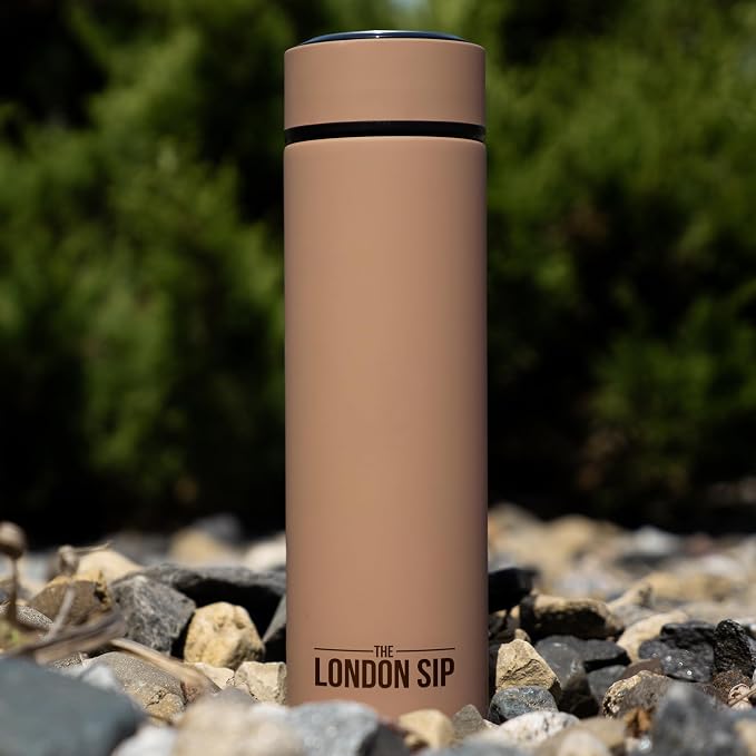 The London Sip 16.9 oz Multi-Purpose Tea Infuser Mug – Fruit Infuser Water Bottle for Hot and Cold – Double Wall Stainless Steel Insulated, Mocha Brown