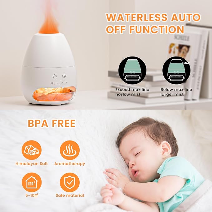 Ultrasonic Essential Oil Diffuser with Himalayan Salt Rock,Flame Diffuser with 2 Color Light,Aromatherapy Oil Diffuser with Auto Off Function for Home, Office,Spa,100ML