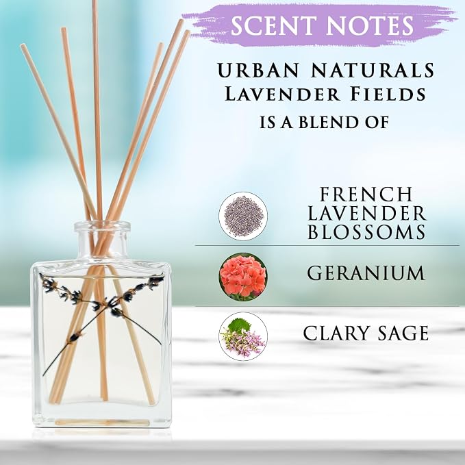 Urban Naturals Lavender Fields Oil Essential Oil Reed Diffuser Set with Real Lavender! French Blossoms, Geranium & Clary Sage – Sleek Rectangular Refillable Glass Bottle – Made in the USA