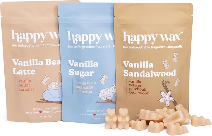 Happy Wax Vanilla Lovers Collection: Natural, Non-Toxic Scented Soy Wax Melts – Total 6oz Variety Pack: Vanilla Bean Latte, Vanilla Sugar, Vanilla Sandalwood