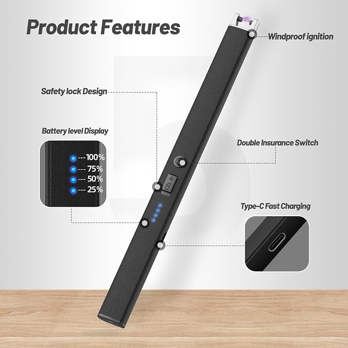 VEHHE Candle Lighter, Windproof Pulse Electric Lighter with Anti-False-Touch Lock and Led Display, Lighters for Candle BBQ Camping Festivals-Black