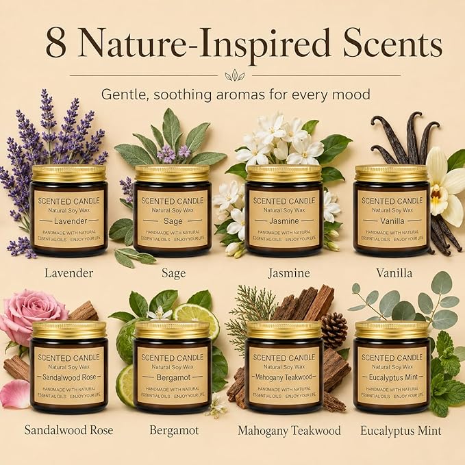 8 Pack Scented Candles, Natural Soy Wax with Elegant Packaging - Reassuring Gifts for Women and Men, Suitable for Valentine's Day, Mother's Day and Christmas