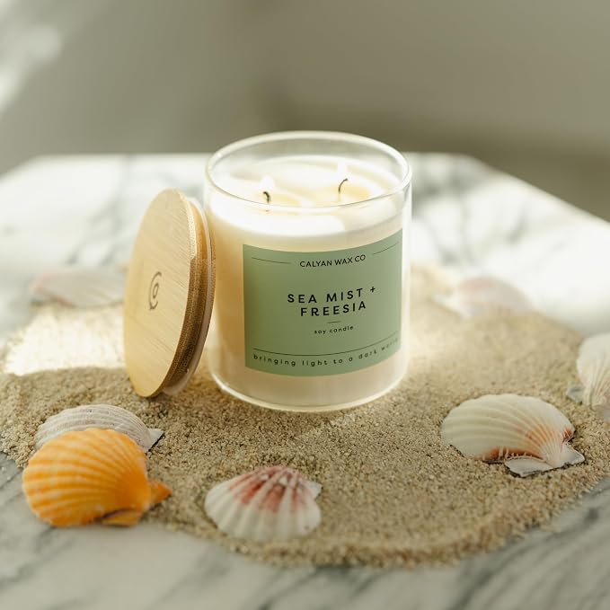 Calyan Wax Co. Sea Mist & Freesia 2 Wick Scented Candle - 37 Hour Burn - Luxury Clean Soy Wax Candles - Long Lasting Large Glass Jar Candle for Home - 8.8oz